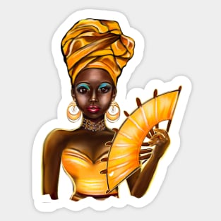 Queen Black is beautiful black girl with Gold headscarf, necklace, earrings, gold dress and head wrap, brown eyes and dark brown skin ! Sticker